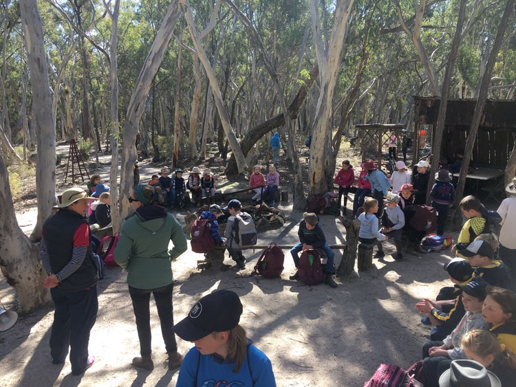 Students enjoying sausage sizzle lunch out at the forest